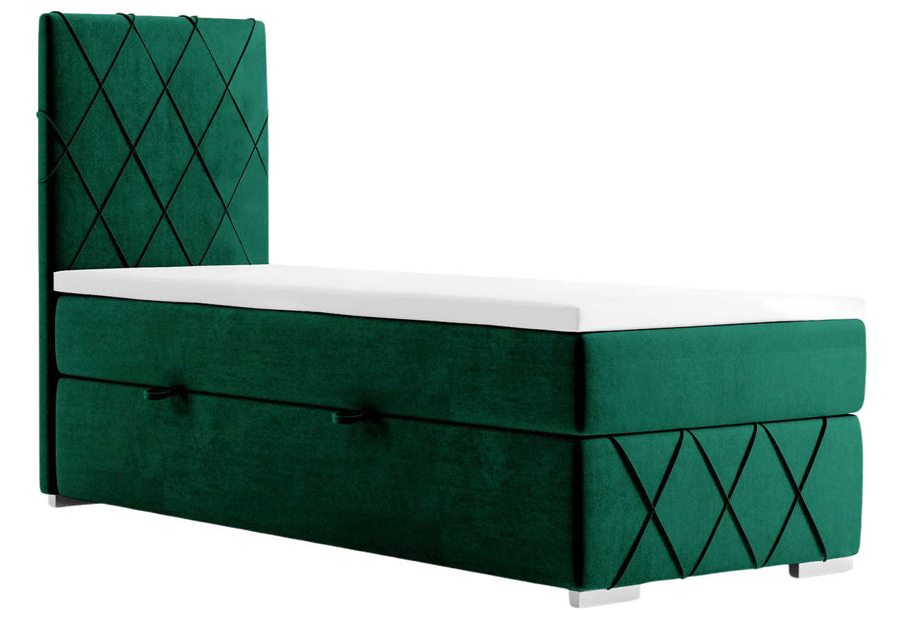 Łóżko kontynentalne jednoosobowe z opcją pojemnika - IRMA 90x200 butelkowa zieleń