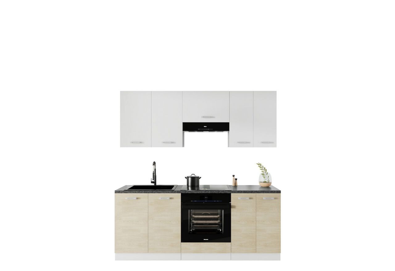 Jasny, nowoczesny zestaw mebli kuchennych z połyskiem FRAPPE 200 cm - Biały / Dąb Latte / Biały połysk