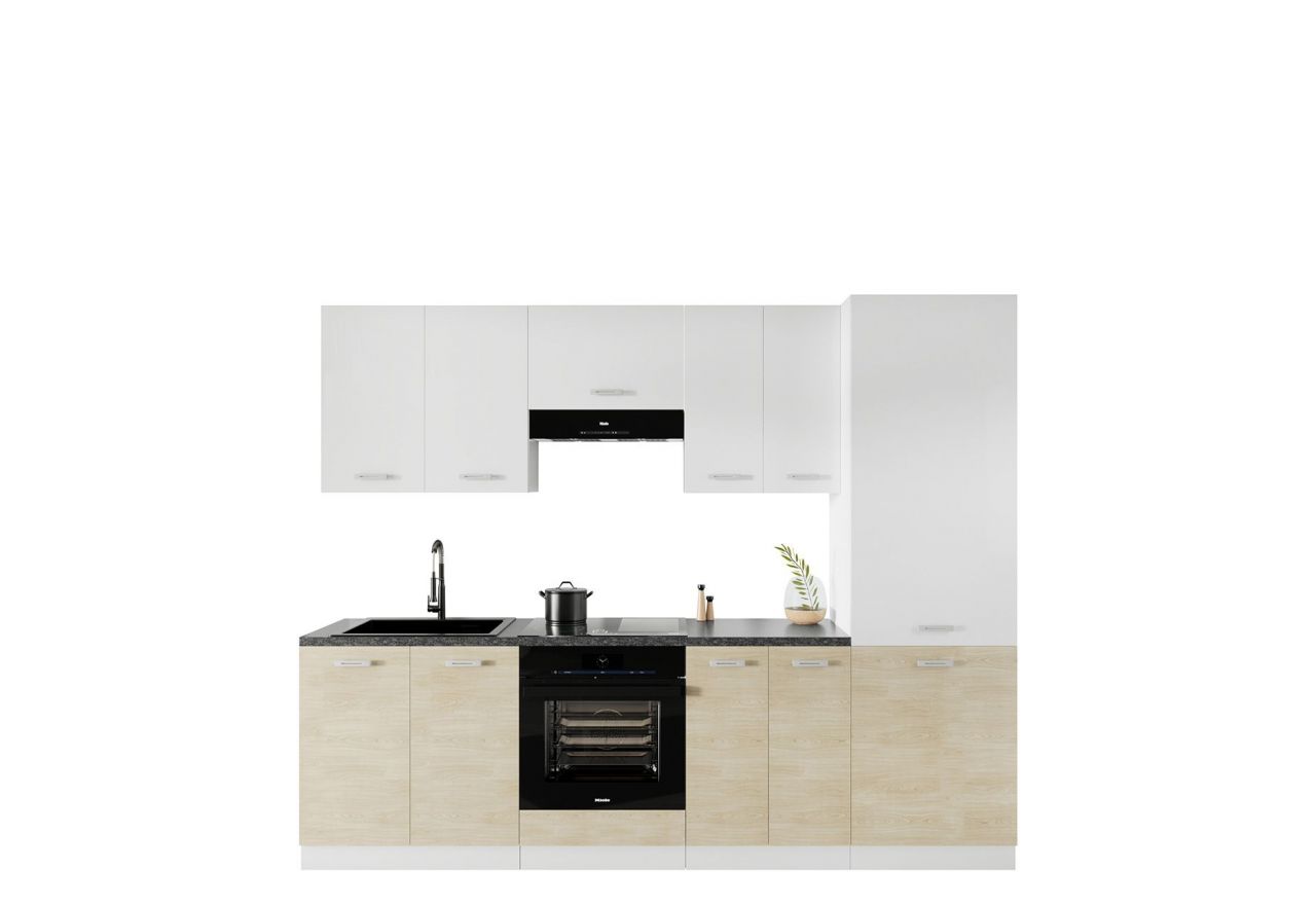 Kuchnia modułowa, systemowy zestaw szafek kuchennych FRAPPE 260 cm - Biały / Dąb Latte / Biały połysk