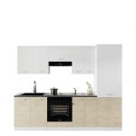 Kuchnia modułowa, systemowy zestaw szafek kuchennych FRAPPE 260 cm - Biały / Dąb Latte / Biały połysk