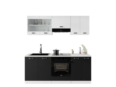 Czarno biały zestaw mebli kuchennych, modułowe szafki z białym blatem ONIS 200 cm - Biały / Czarny