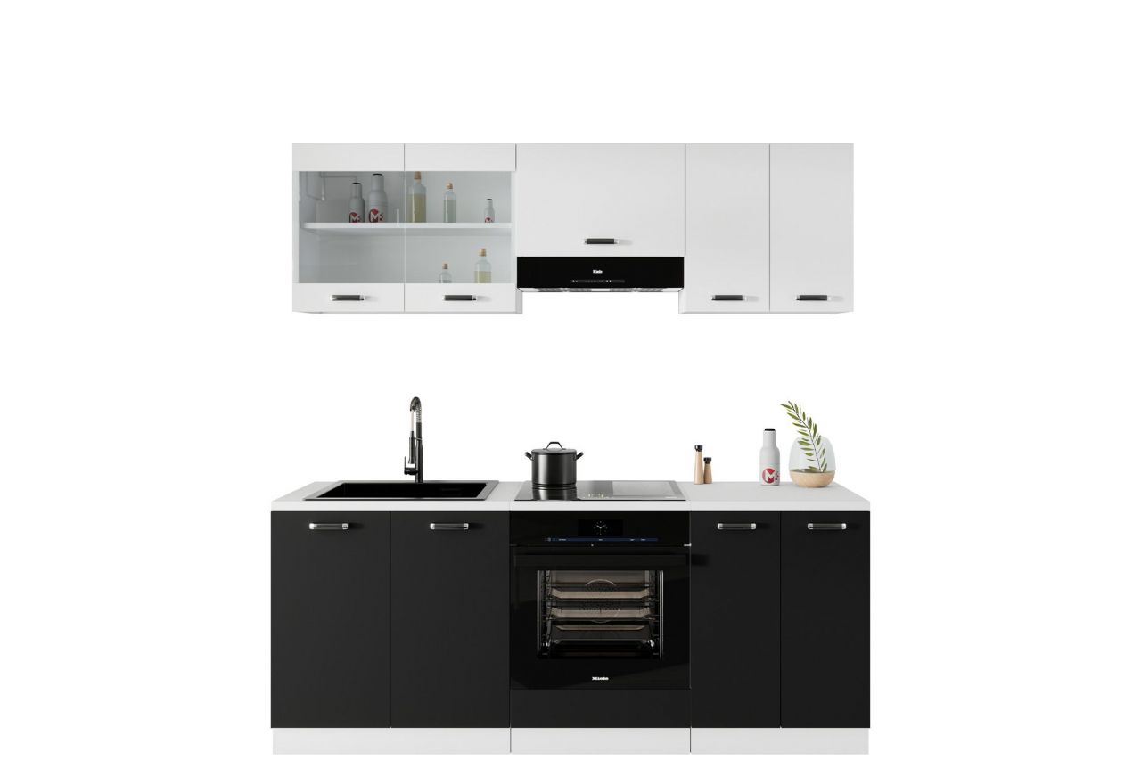 Czarno biały zestaw mebli kuchennych, modułowe szafki z białym blatem ONIS 200 cm - Biały / Czarny