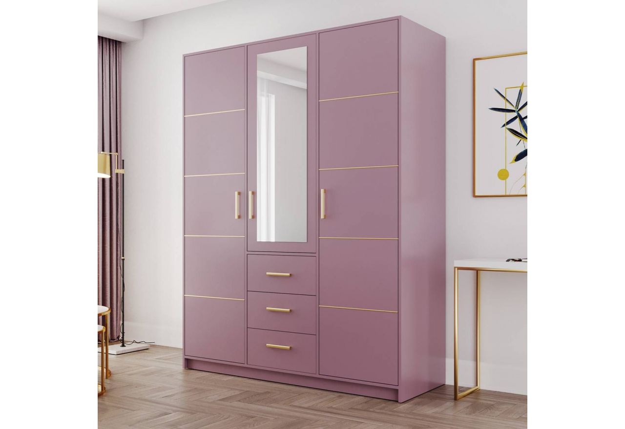 Modna i praktyczna szafa trzydrzwiowa z lustrem w stylu glamour do sypialni i garderoby - BORNEO / Śliwka