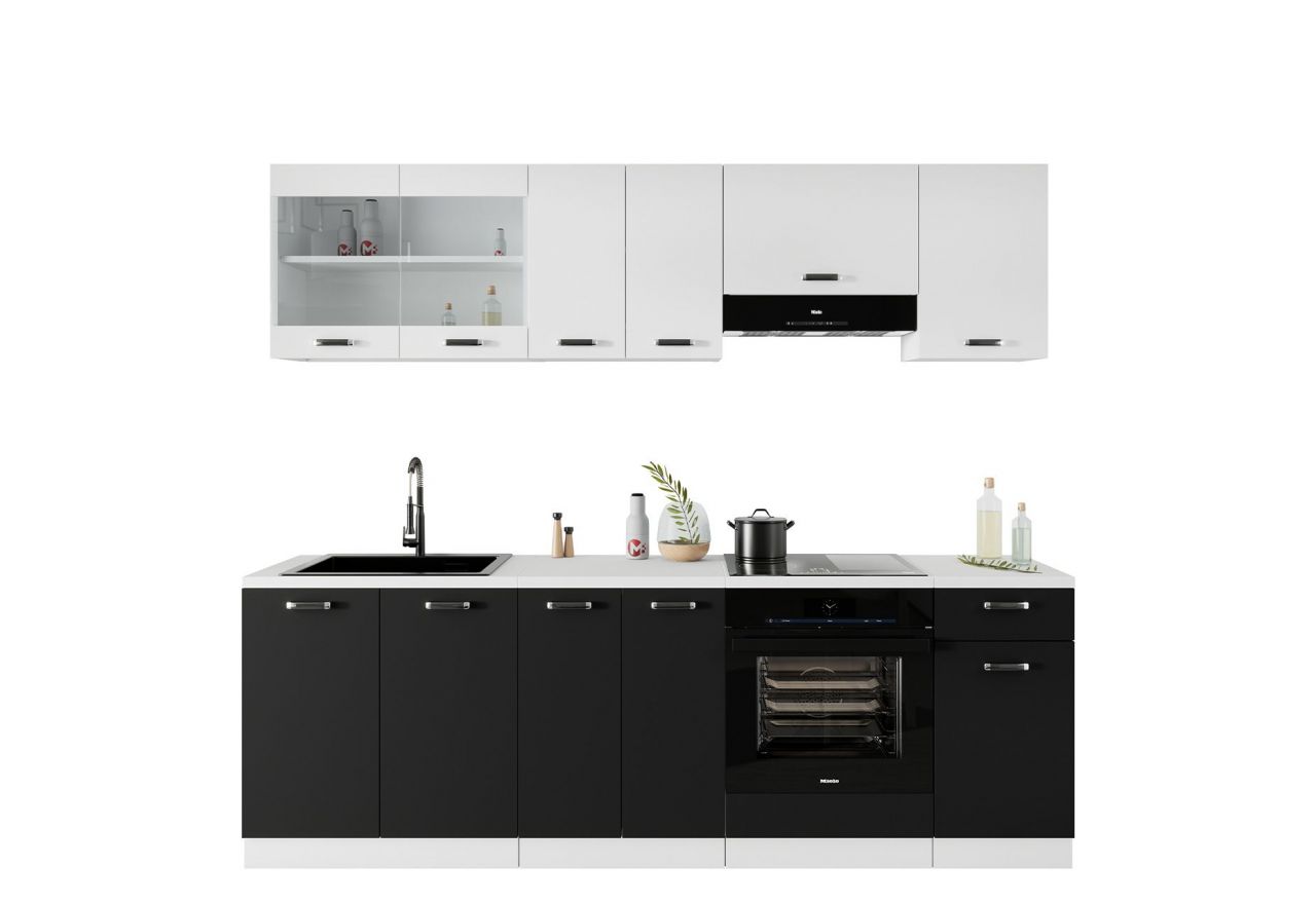 Zestaw szafek modułowych do kuchni z białym blatem ONIS 240 cm - Biały / Czarny
