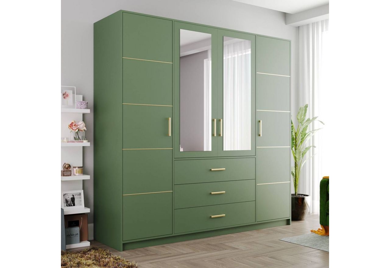 Modna szafa z trzema szufladami i dwoma lustrami na froncie do sypialni i garderoby - BORNEO / Zielony