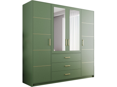 Modna szafa z trzema szufladami i dwoma lustrami na froncie do sypialni i garderoby - BORNEO / Zielony