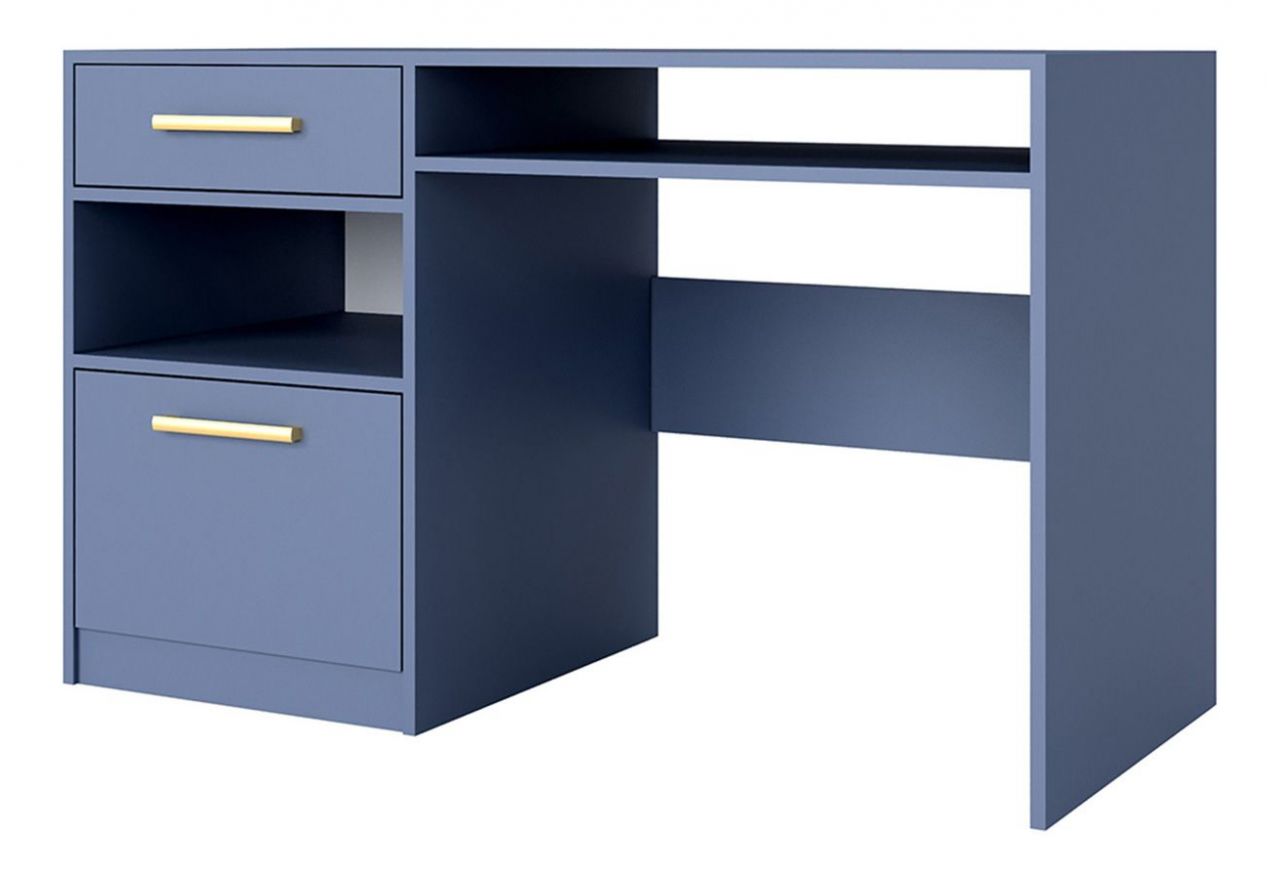Nowoczesne biurko do pracy i nauki z szufladą, drzwiczkami i otwartymi wnękami - BORNEO / Zgaszony błękit