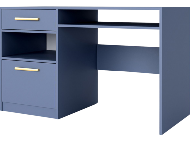 Nowoczesne biurko do pracy i nauki z szufladą, drzwiczkami i otwartymi wnękami - BORNEO / Zgaszony błękit