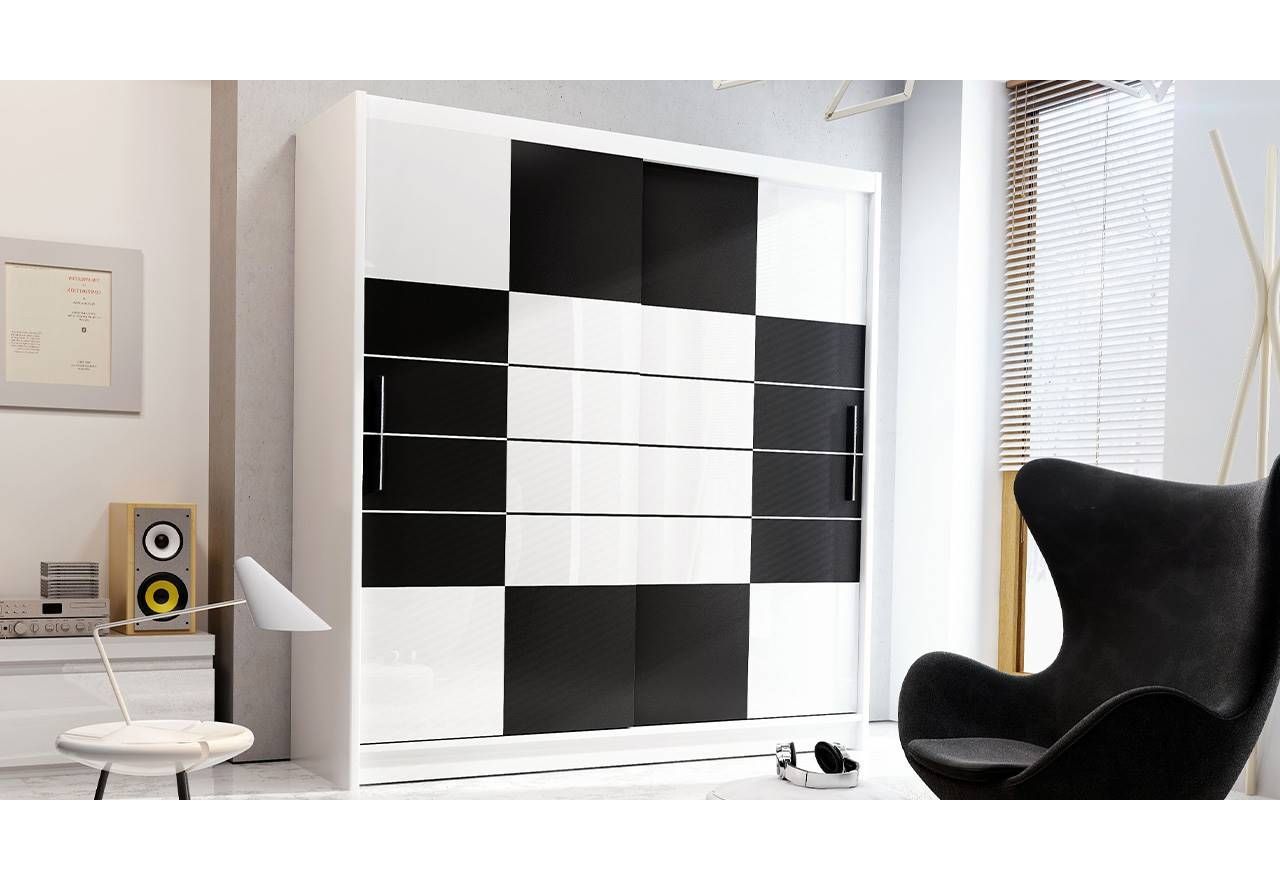 Przesuwna szafa 200 cm w nowoczesnym stylu z białym szkłem na frontach - AVILA / Biały / Czarny - białe szkło