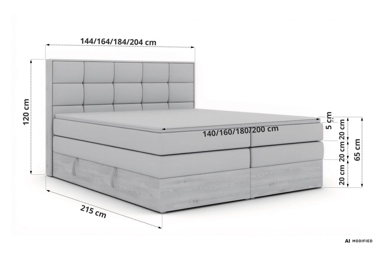 Łóżko kontynentalne ALNOR KING 180x200 - H3 - ciemnoszary, struktura - Topper Visco