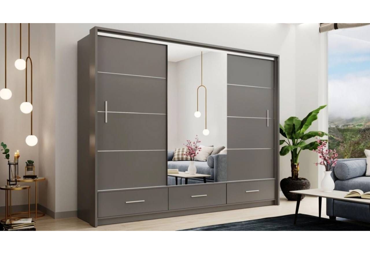 Funkcjonalna z pojemnym wnętrzem szafa 250 cm, trzydrzwiowa do sypialni, garderoby - MALIO / Grafit mat / Lustro
