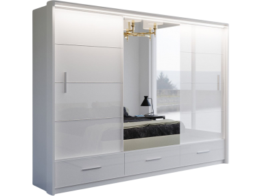 Nowoczesna szafa trzydrzwiowa 250 cm, przesuwna z lustrem na froncie do sypialni - MALIO / Biały / Biały połysk - lustro