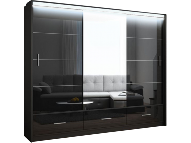 Designerska szafa przesuwna 250 cm, trzydrzwiowa z lustrem i oświetleniem LED - MALIO / Czarny / Czarny połysk - lustro