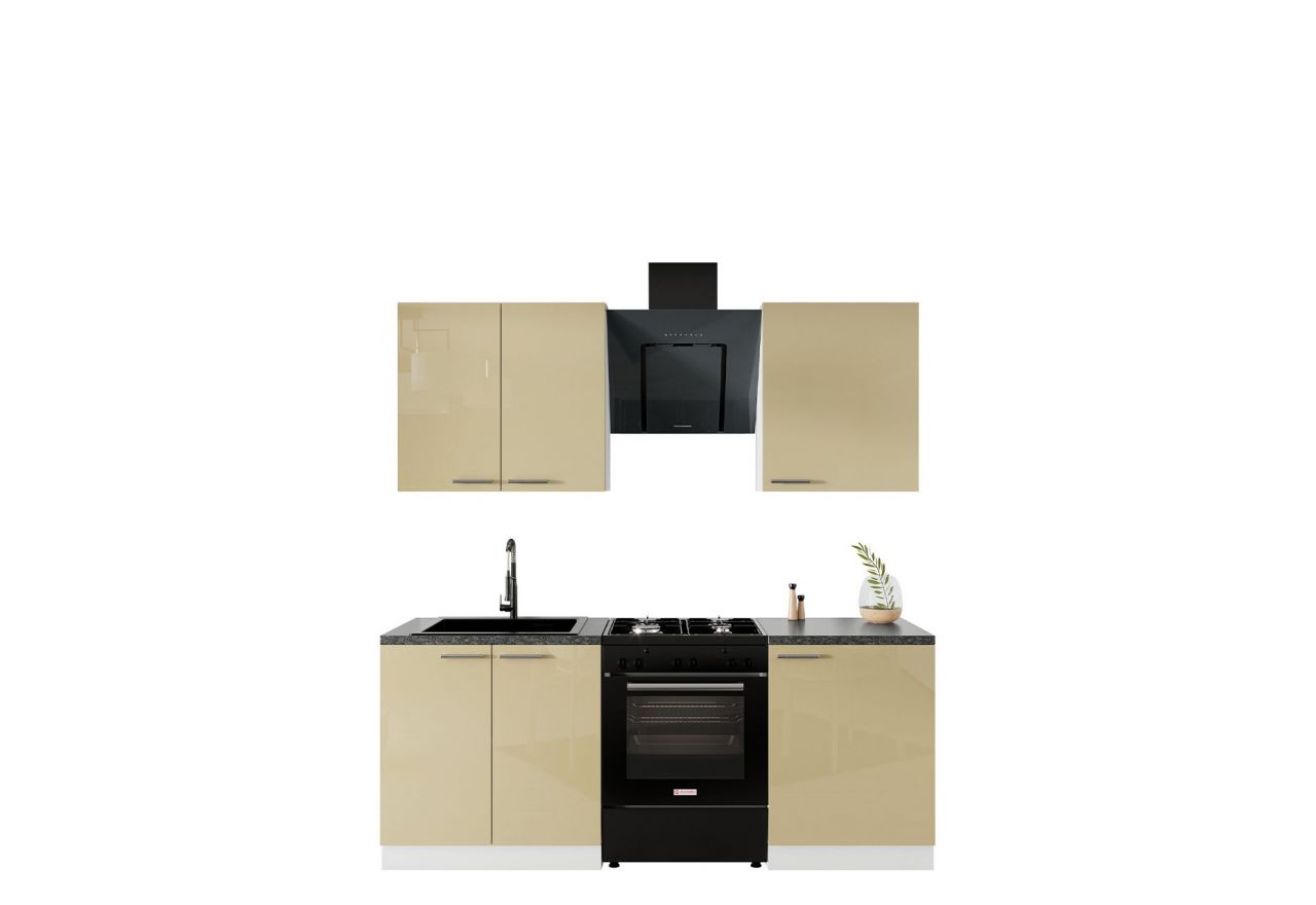 Modułowy, nowoczesny zestaw mebli do kuchni z frontami w połysku LAUREN CAPPUCINO 140 cm (200 cm) - Cappucino połysk / Biały mat