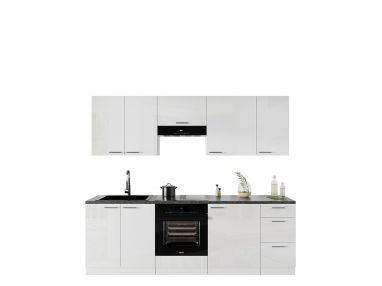 Zestaw mebli kuchennych, modułowe szafki dolne i górne do kuchni w połysku LAUREN WHITE 240 cm - Biały połysk / Biały mat