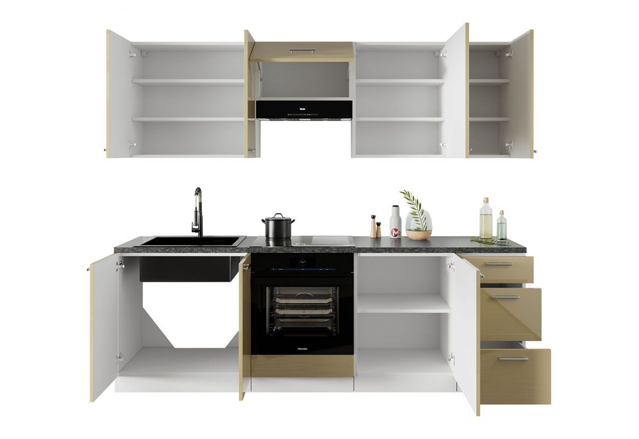 Stylowy zestaw, komplet mebli do kuchni z systemem cichego domyku LAUREN CAPPUCINO 240 cm - Cappucino połysk / Biały mat