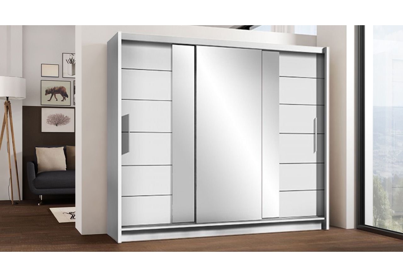 Duża, praktyczna szafa 250 cm, trzydrzwiowa w nowoczesnym stylu z lustrami do sypialni i garderoby - LEGANES / Biały