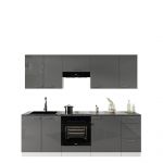 Luksusowy zestaw mebli kuchennych z szarym połyskiem na frontach LAUREN GREY 240 cm - Szary połysk / Biały mat