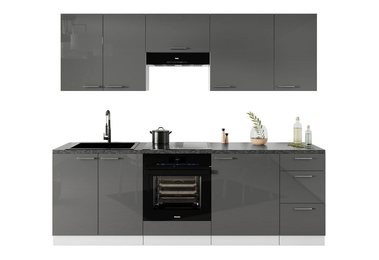 Luksusowy zestaw mebli kuchennych z szarym połyskiem na frontach LAUREN GREY 240 cm - Szary połysk / Biały mat