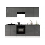 Luksusowy zestaw mebli kuchennych z szarym połyskiem na frontach LAUREN GREY 240 cm - Szary połysk / Biały mat