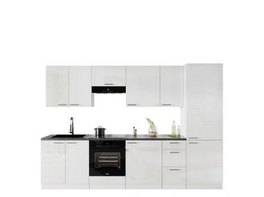 Rozbudowany zestaw mebli kuchennych z frontami w białym połysku LAUREN WHITE 300 cm - Biały połysk / Biały mat