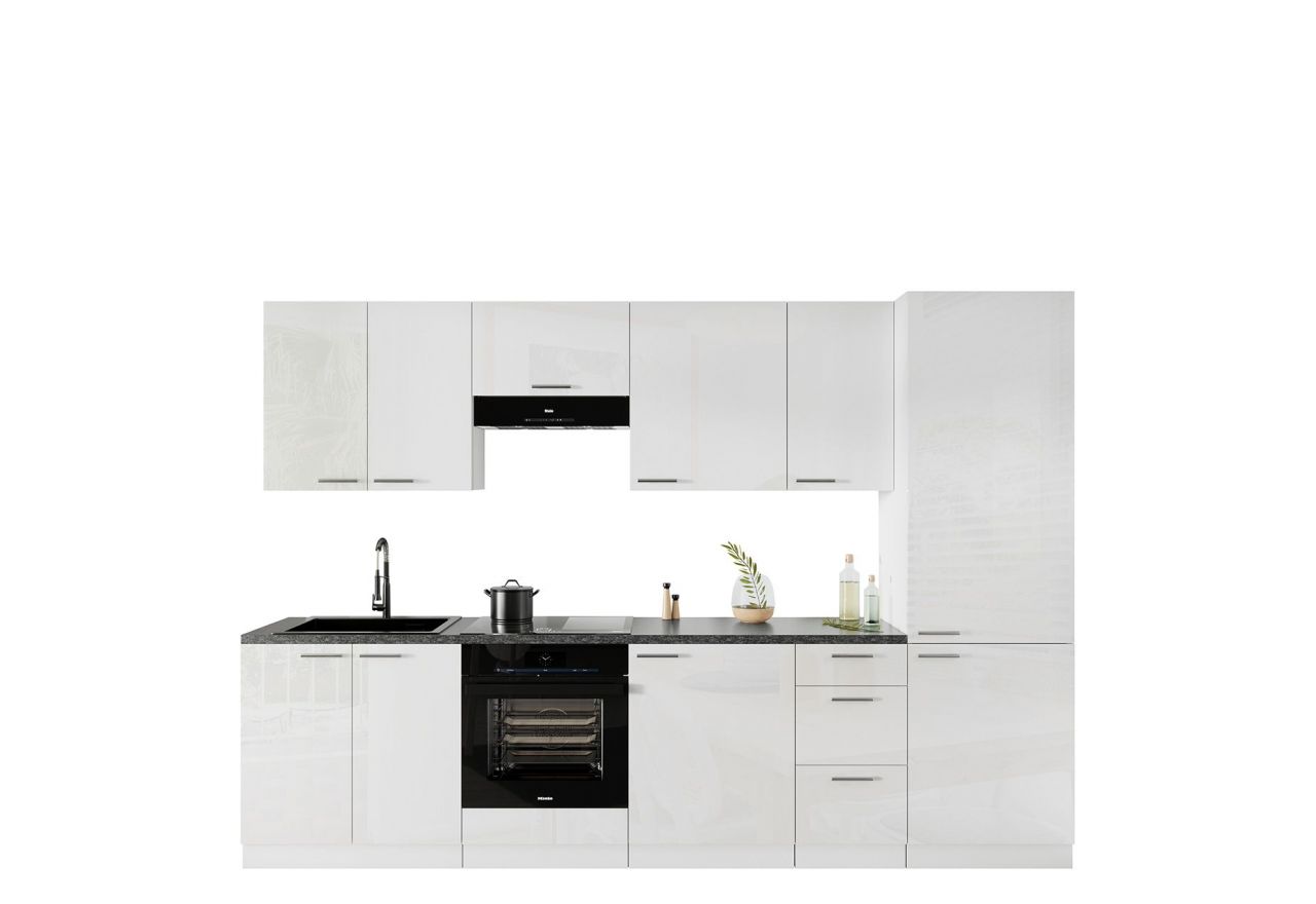 Rozbudowany zestaw mebli kuchennych z frontami w białym połysku LAUREN WHITE 300 cm - Biały połysk / Biały mat