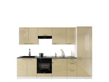 Modny, nowoczesny zestaw mebli do kuchni z cichym domykiem i połyskiem LAUREN CAPPUCINO 300 cm - Cappucino połysk / Biały mat