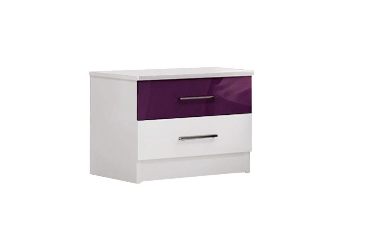 Modny stolik nocny z szufladami do sypialni w nowoczesnym stylu - DELINA / Biały - fioletowe szkło