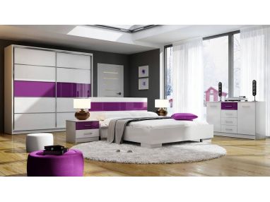 Zestaw nowoczesnych mebli do sypialni z łóżkiem, szafą, komodą i stolikami nocnymi - DELINA / Biały - fioletowe szkło