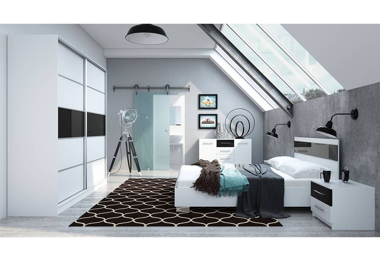 Nowoczesny zestaw mebli do sypialni z łóżkiem, szafą, komodą i dwoma stolikami nocnymi - DELINA / Biały - czarne szkło
