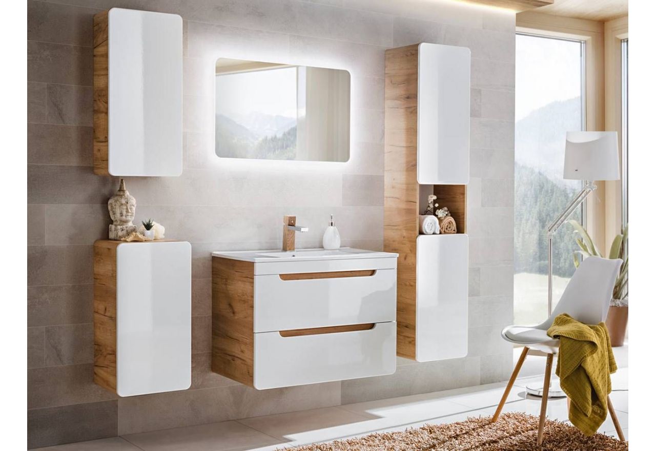 Eleganckie meble wiszące do łazienki w zestawie z lustrem - ARIVA / Dąb Craft Złoty / Biały połysk