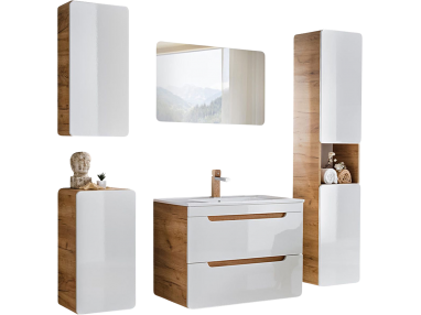 Eleganckie meble wiszące do łazienki w zestawie z lustrem - ARIVA / Dąb Craft Złoty / Biały połysk