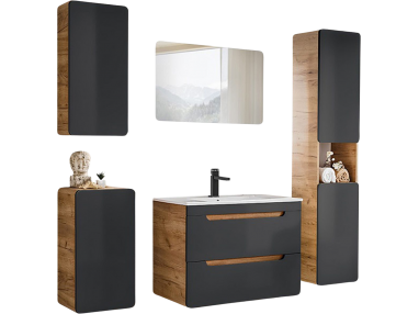 Modne, praktyczne meble wiszące do łazienki w zestawie z lustrem i opcją wyboru baterii - ARIVA / Dąb Craft Złoty / Szary Kosmos