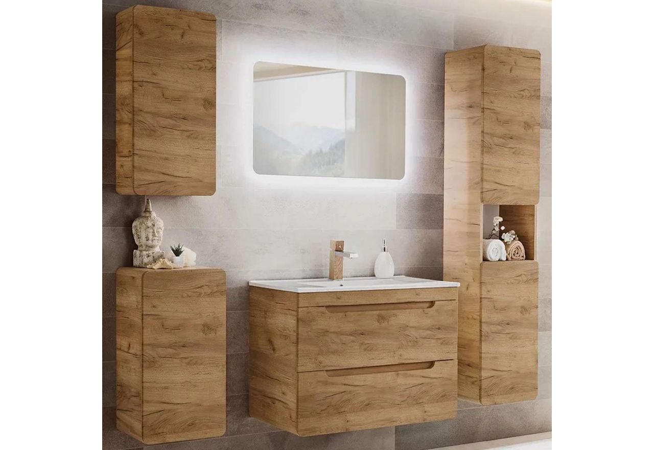 Zestaw mebli łazienkowych z lustrem w designerskim stylu - ARIVA / Dąb Craft Złoty
