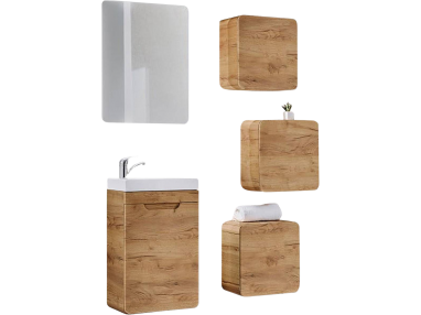 Praktyczny zestaw mebli wiszących do łazienki z lustrem LED i opcją wyboru baterii umywalkowej - ARIVA / Dąb Craft Złoty