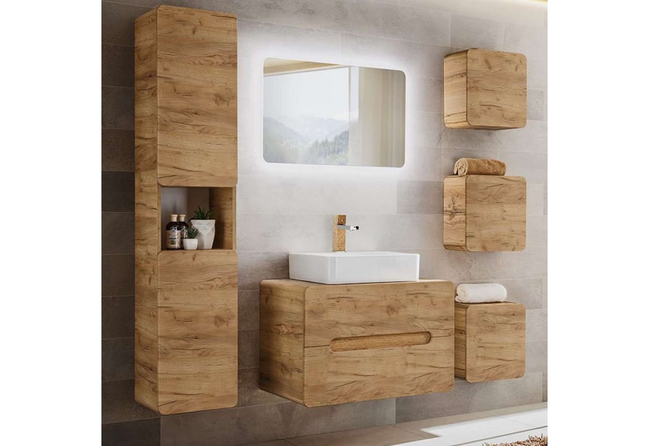Wiszący zestaw mebli łazienkowych w designerskim stylu z lustrem LED - ARIVA / Dąb Craft Złoty