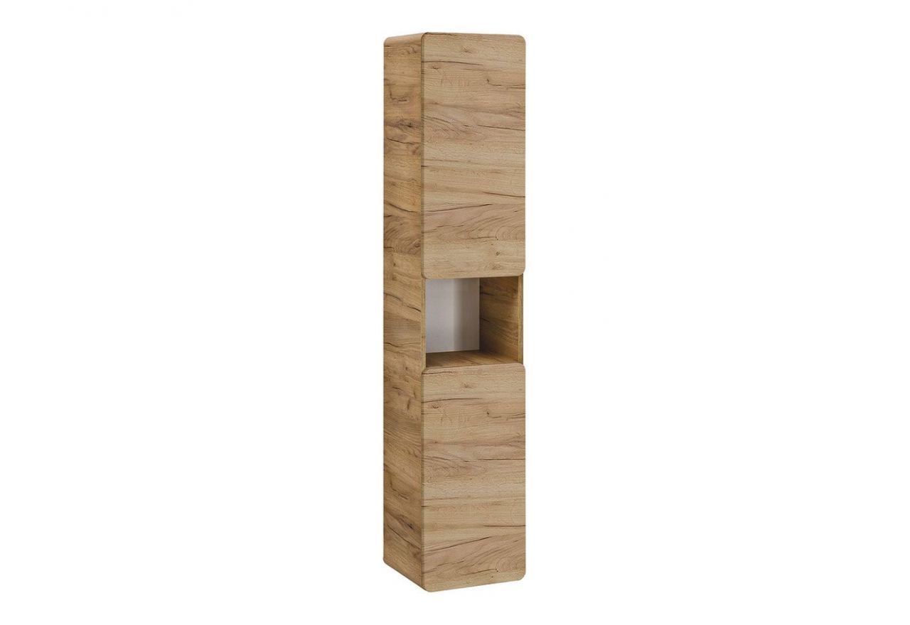 Dwudrzwiowa, wisząca szafka wysoka do łazienki w nowoczesnym stylu - ARIVA / Dąb Craft Złoty