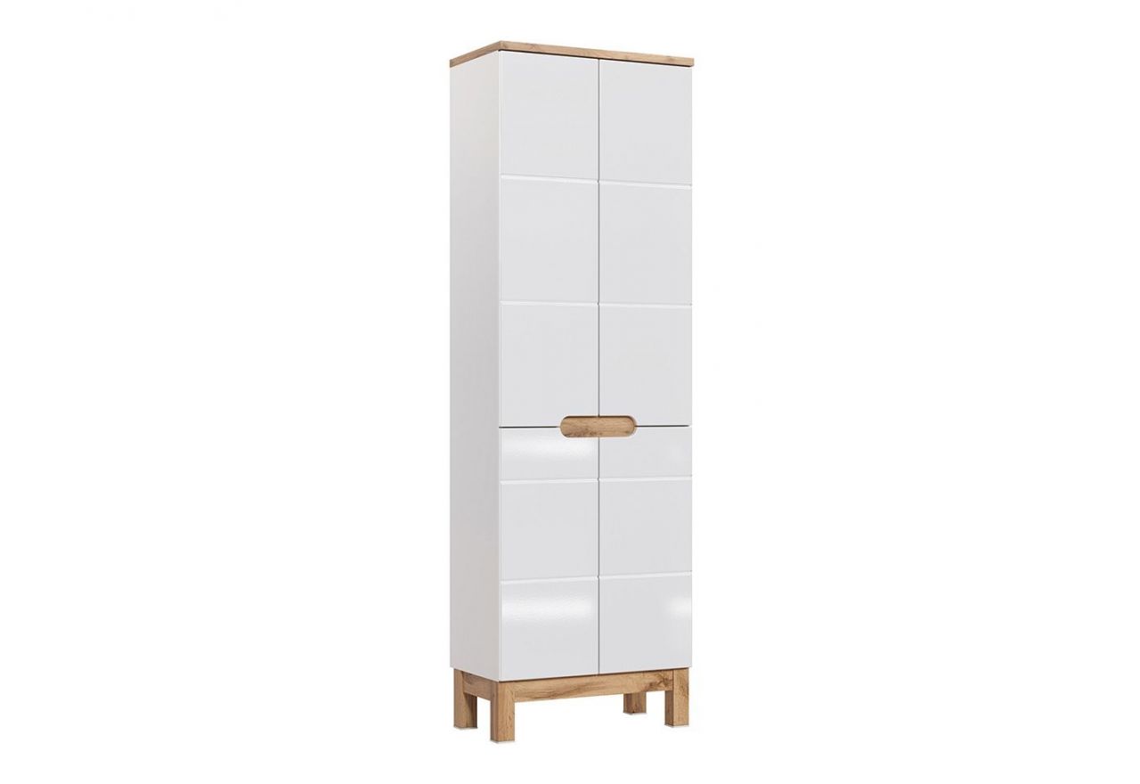 Wysoka, dwudrzwiowa szafka w nowoczesnym stylu do łazienki - CORINO / Biały Kasai połysk / Biały / Dąb Wotan