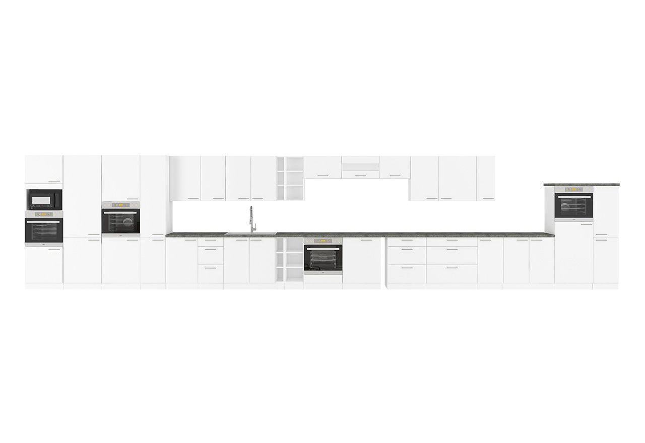 Rozbudowany zestaw mebli kuchennych z frontami w białym połysku LAUREN WHITE 300 cm - Biały połysk / Biały mat