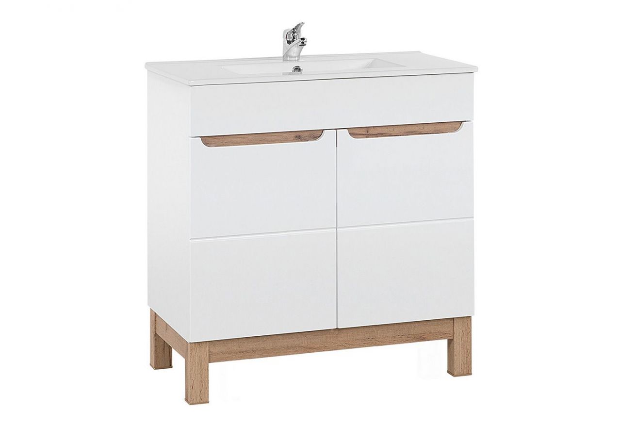 Praktyczna i modna szafka 80 cm pod umywalkę do łazienki - CORINO / Biały Kasai połysk / Biały / Dąb Wotan