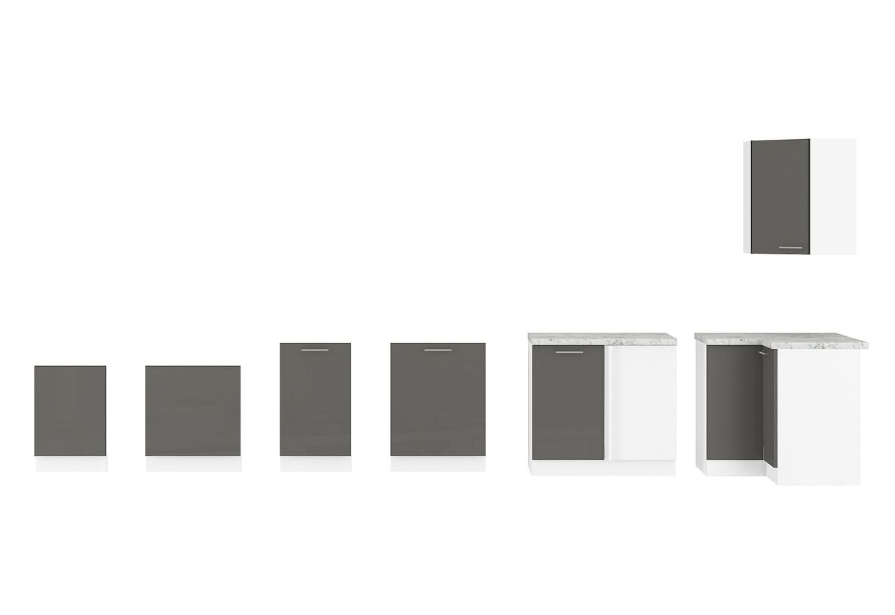 Luksusowy zestaw mebli kuchennych z szarym połyskiem na frontach LAUREN GREY 240 cm - Szary połysk / Biały mat