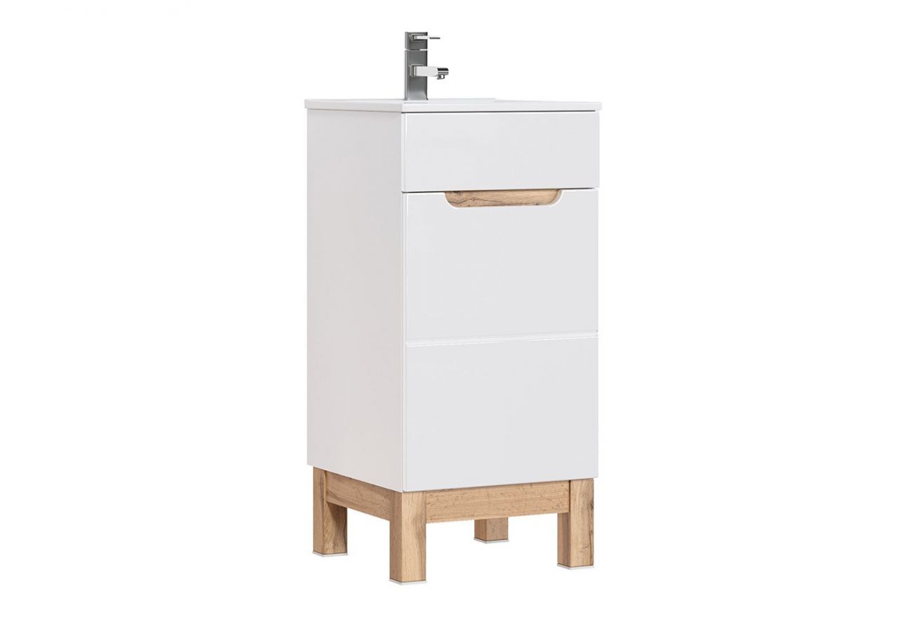 Designerska szafka pod umywalkę jednodrzwiowa z opcją wyboru baterii - CORINO / Biały Kasai połysk / Biały / Dąb Wotan