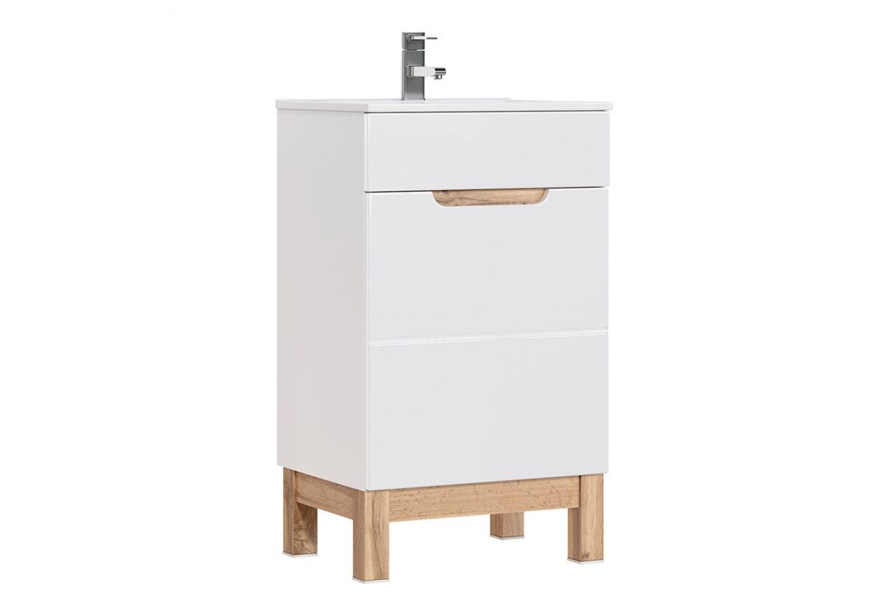 Modna i praktyczna szafka 50 cm pod umywalkę na wysokich nóżkach do łazienki - CORINO / Biały Kasai połysk / Biały / Dąb Wotan