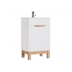 Modna i praktyczna szafka 50 cm pod umywalkę na wysokich nóżkach do łazienki - CORINO / Biały Kasai połysk / Biały / Dąb Wotan