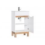 Modna i praktyczna szafka 50 cm pod umywalkę na wysokich nóżkach do łazienki - CORINO / Biały Kasai połysk / Biały / Dąb Wotan