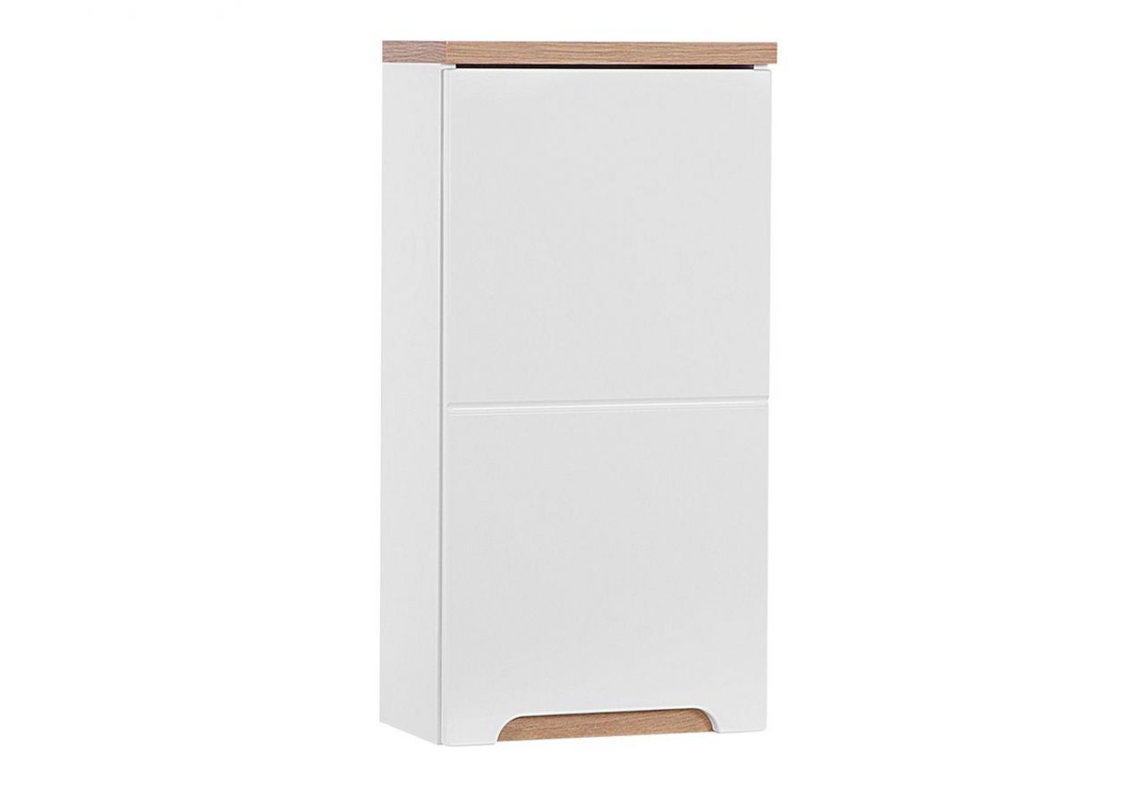 Wisząca szafka do łazienki w designerskim stylu, jednodrzwiowa z półkami - CORINO / Biały Kasai połysk / Biały / Dąb Wotan