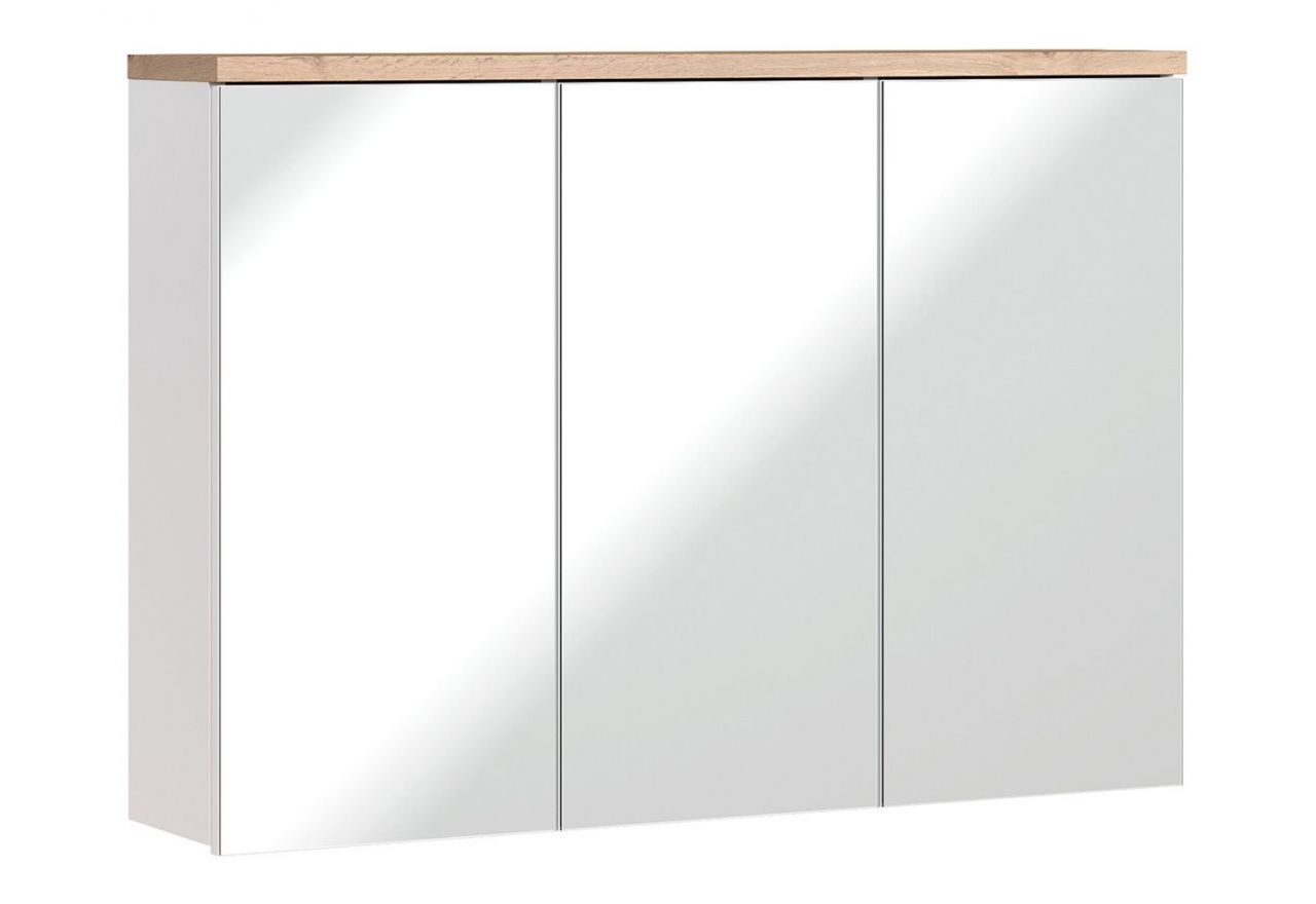 Modna, praktyczna szafka trzydrzwiowa z lustrem i półkami do łazienki - CORINO / Biały / Dąb Wotan