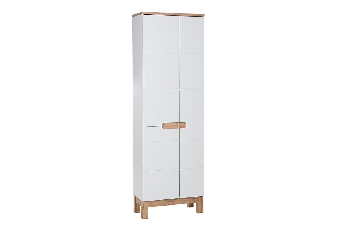 Wysoka szafka, słupek do łazienki w designerskim stylu - CORINO / Biały Kasai połysk / Biały / Dąb Wotan