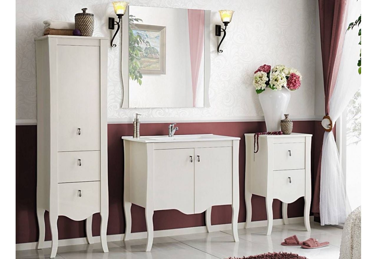 Klasyczny zestaw mebli łazienkowych z szafką pod umywalkę 80 cm i lustrem - EMILY / Biały transparentny