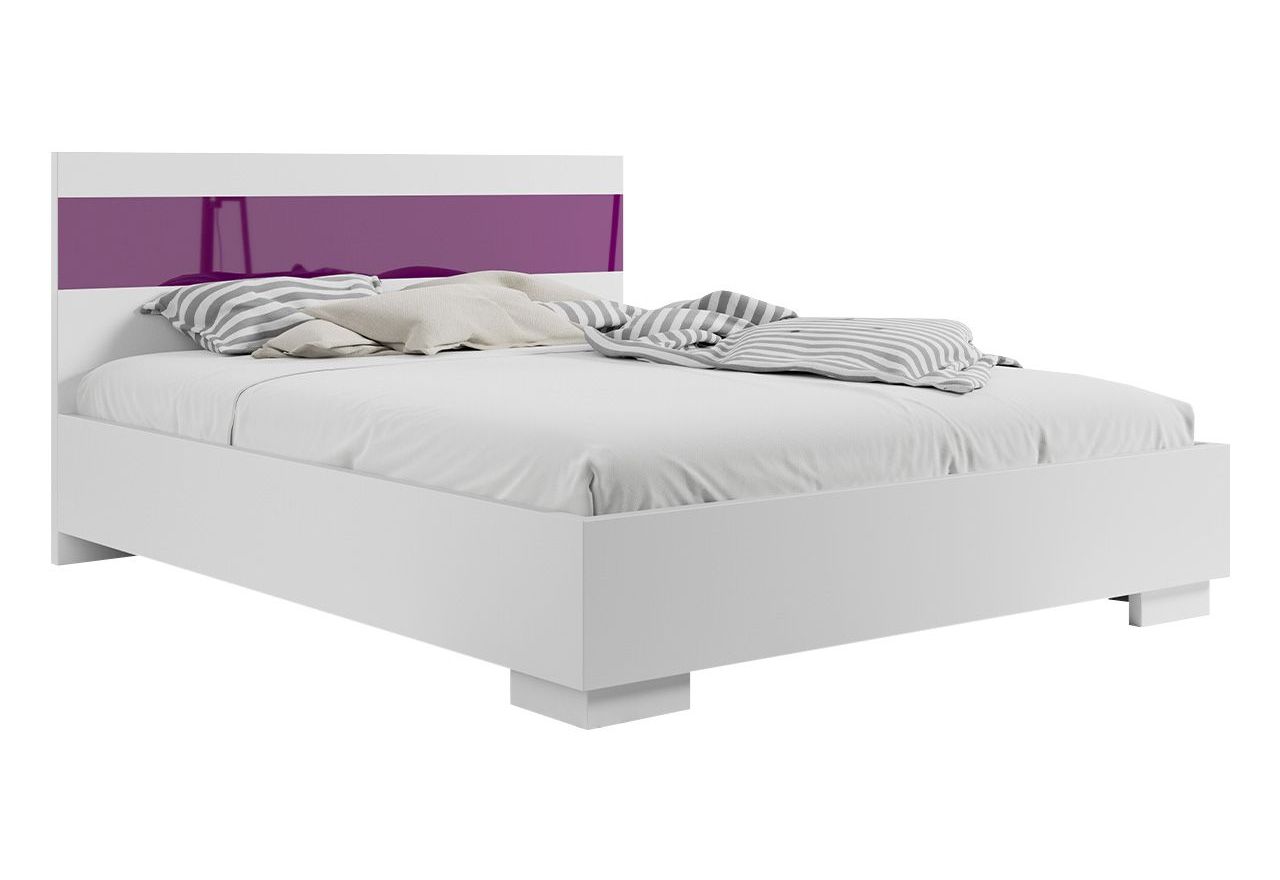 Łóżko podwójne 160x200 w nowoczesnym stylu do sypialni z opcją wyboru materaca - DELINA / Biały - fioletowe szkło